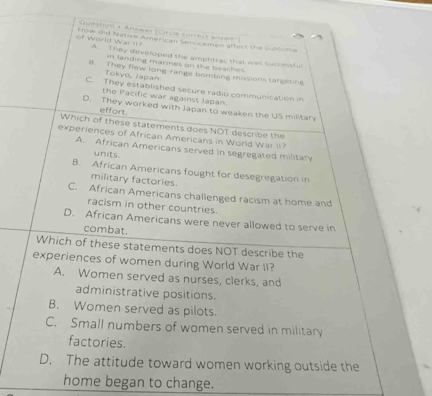 question + answer (circle correct answer) how did native american servi…