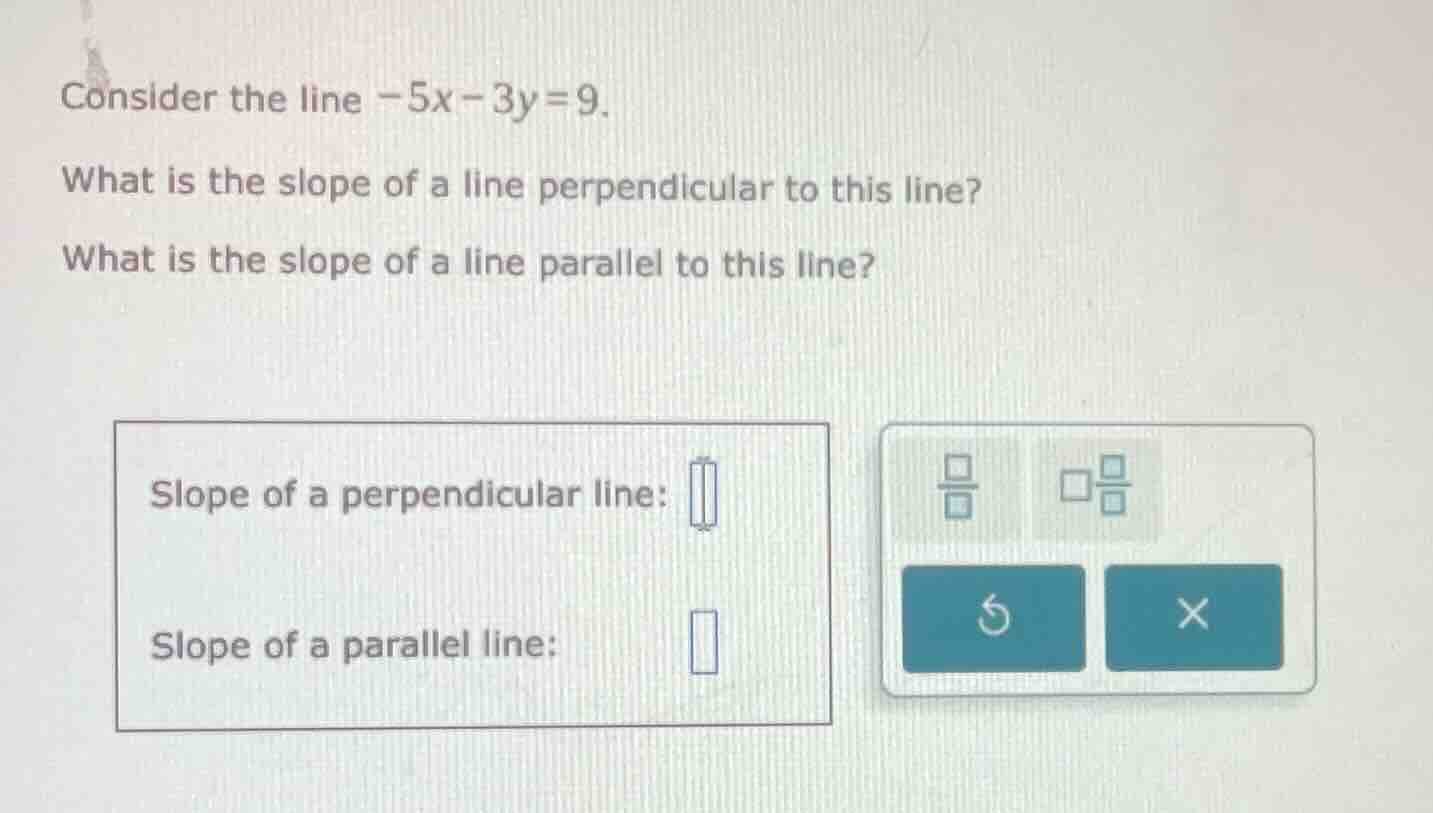 consider the line -5x - 3y = 9. what is the slope of a line perpendicul…