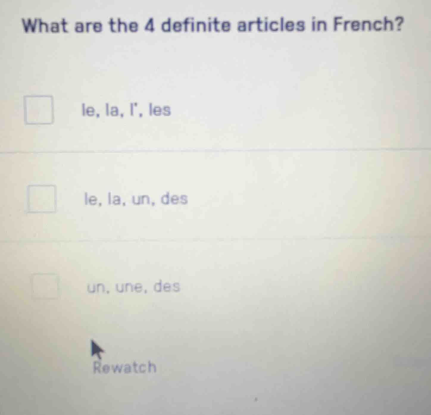 what are the 4 definite articles in french? □ le, la, l, les □ le, la, …
