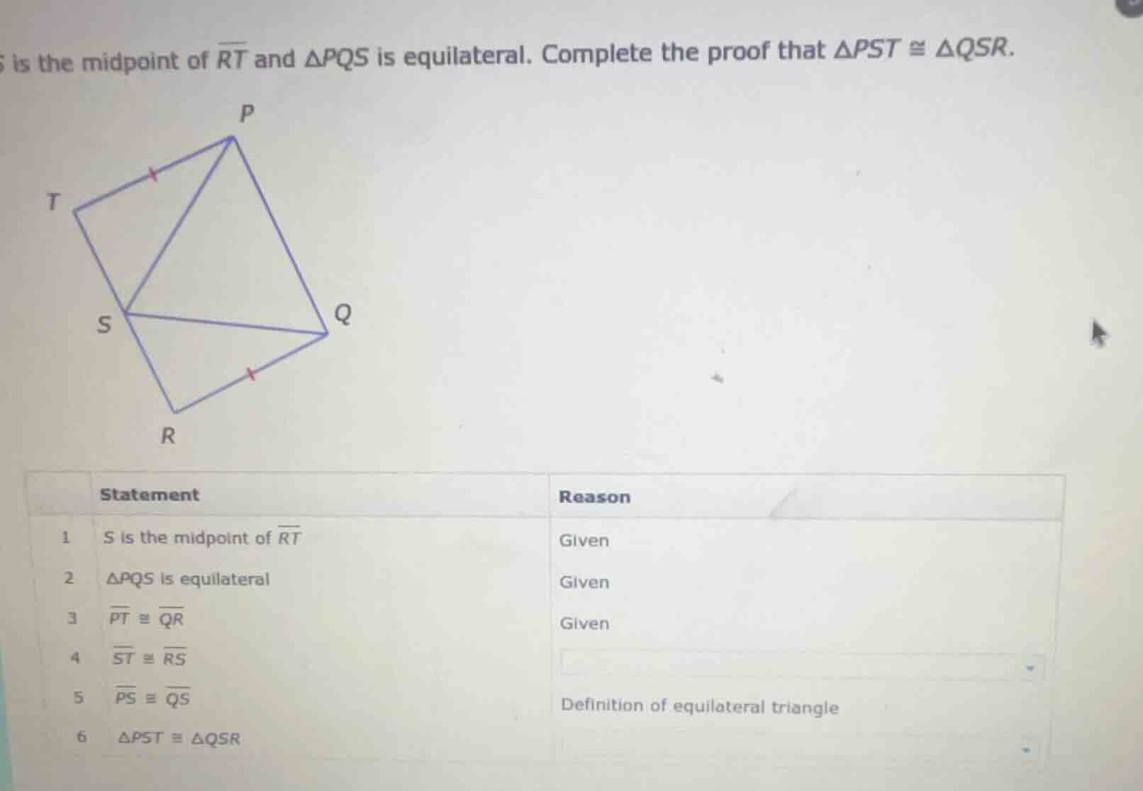 s is the midpoint of \\(overline{rt}\\) and \\(\triangle pqs\\) is equi…