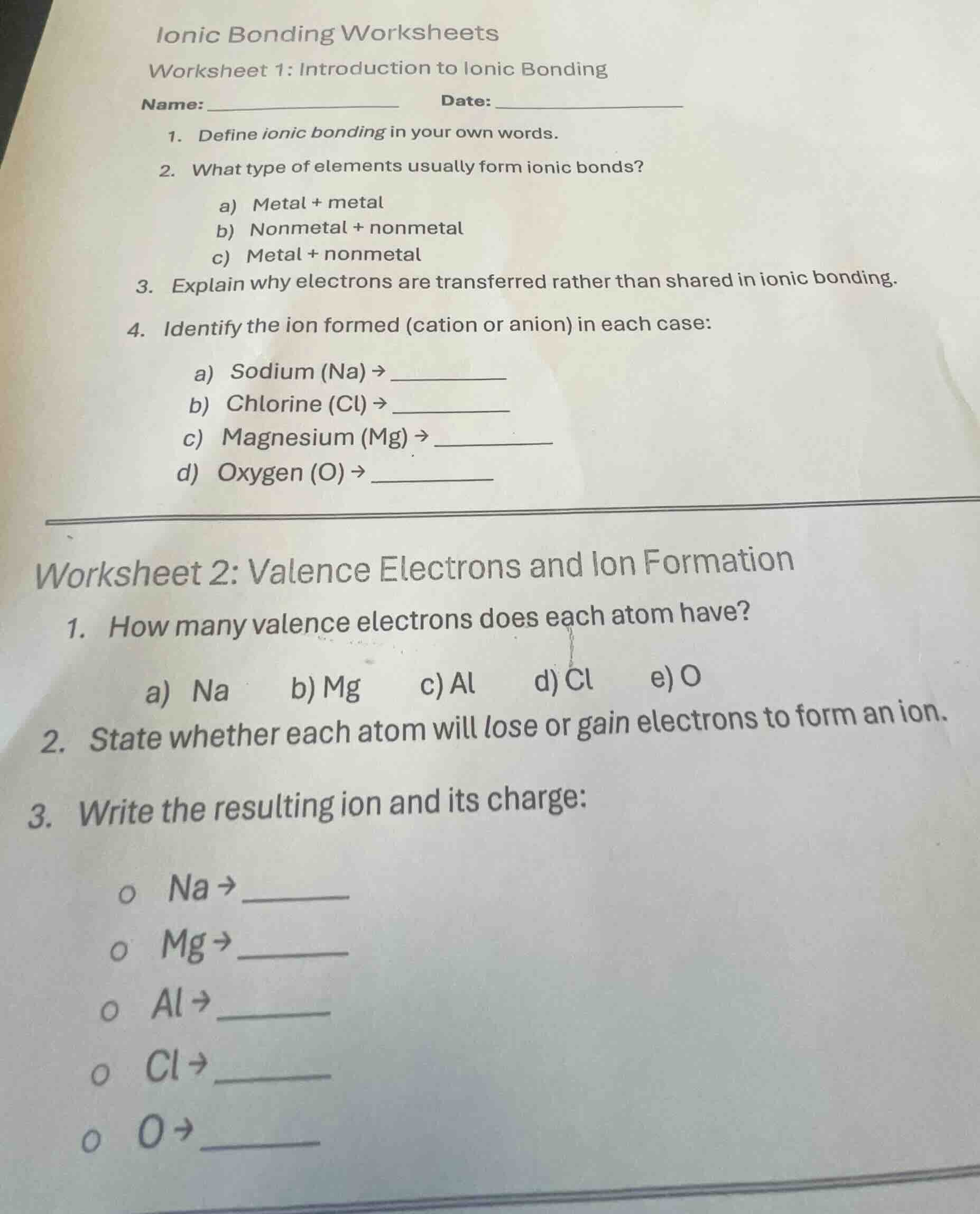ionic bonding worksheets worksheet 1: introduction to ionic bonding nam…