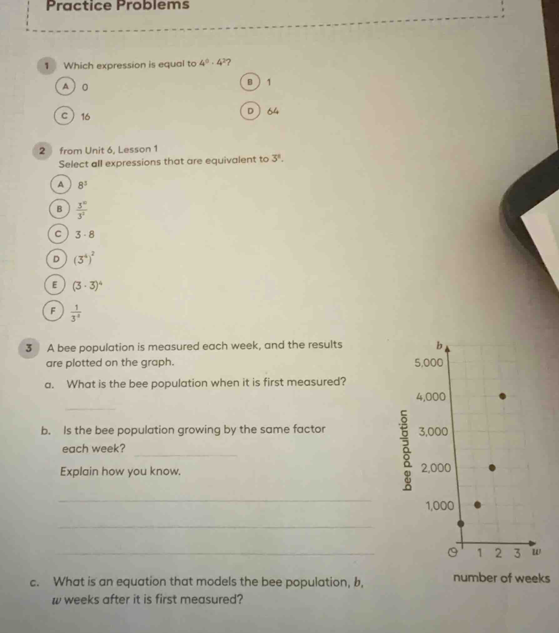 practice problems 1 which expression is equal to $4^0 \\cdot 4^2$? a 0 …