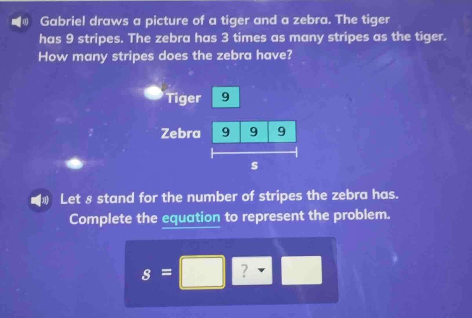 gabriel draws a picture of a tiger and a zebra. the tiger has 9 stripes…