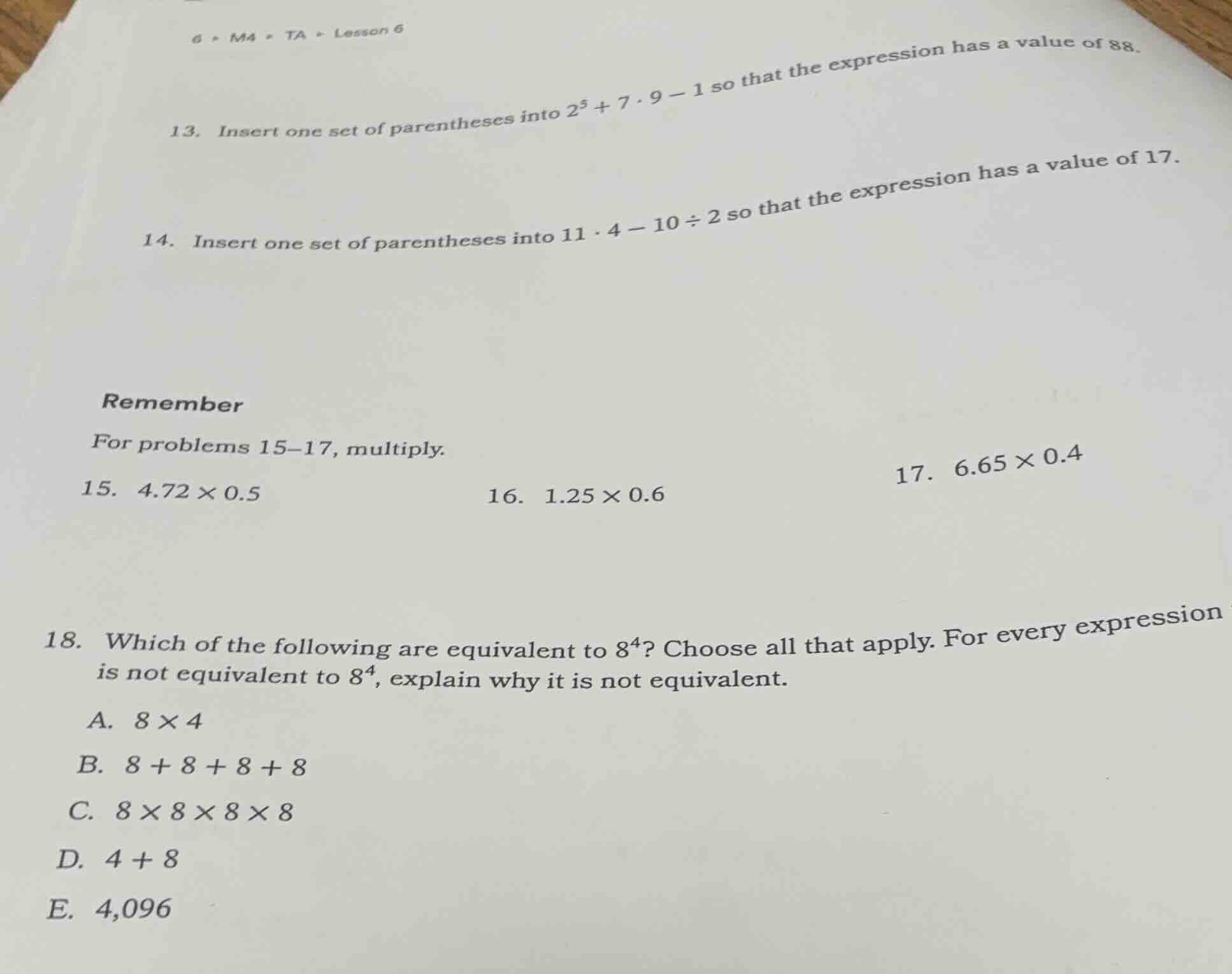 6 • m4 • ta • lesson 6 13. insert one set of parentheses into (2^5 + 7 …