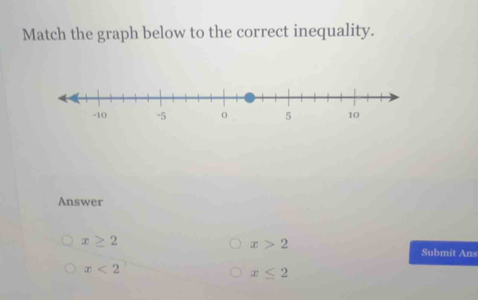 match the graph below to the correct inequality. answer \\( x \\geq 2 \…