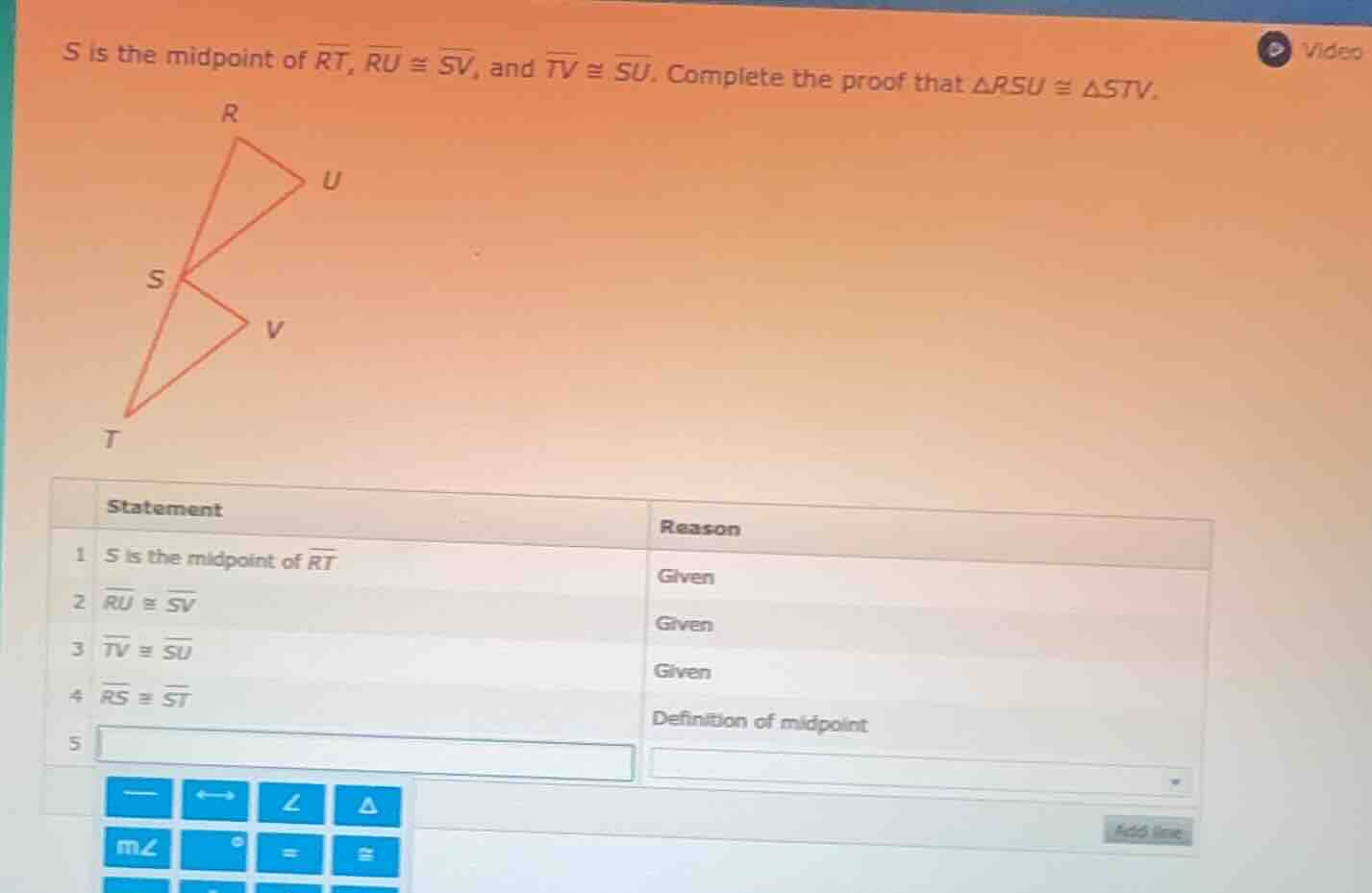 s is the midpoint of \\(\\overline{rt}\\), \\(\\overline{ru} \\cong \\o…