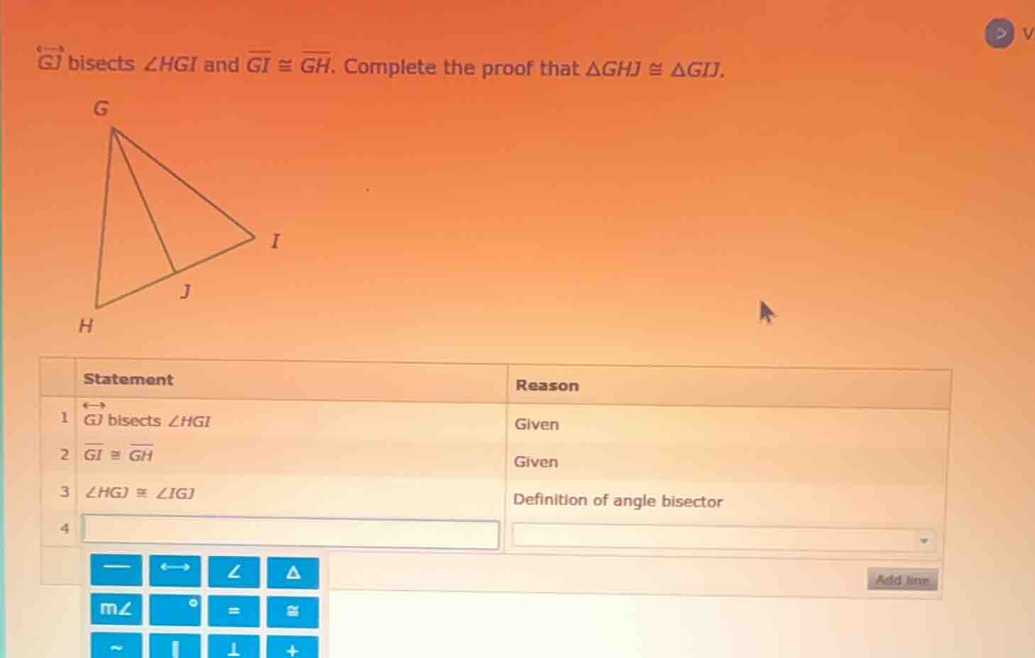 $\\overleftrightarrow{gj}$ bisects $\\angle hgi$ and $\\overline{gi} \\…
