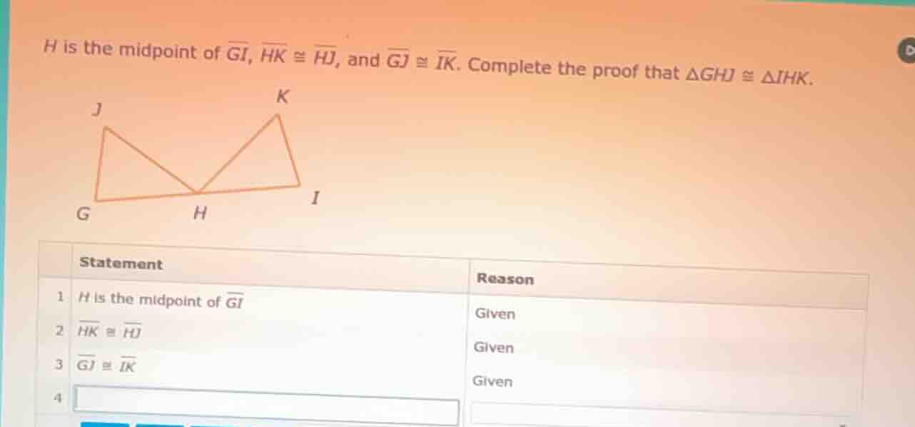 h is the midpoint of \\(overline{gi}\\), \\(overline{hk} \\cong overlin…