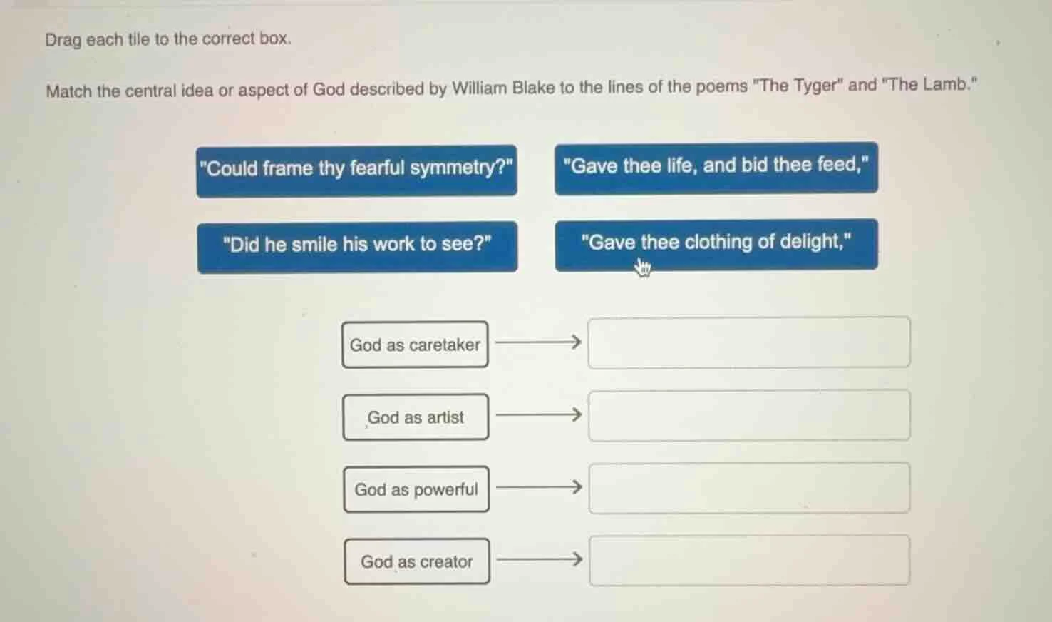 drag each tile to the correct box. match the central idea or aspect of …