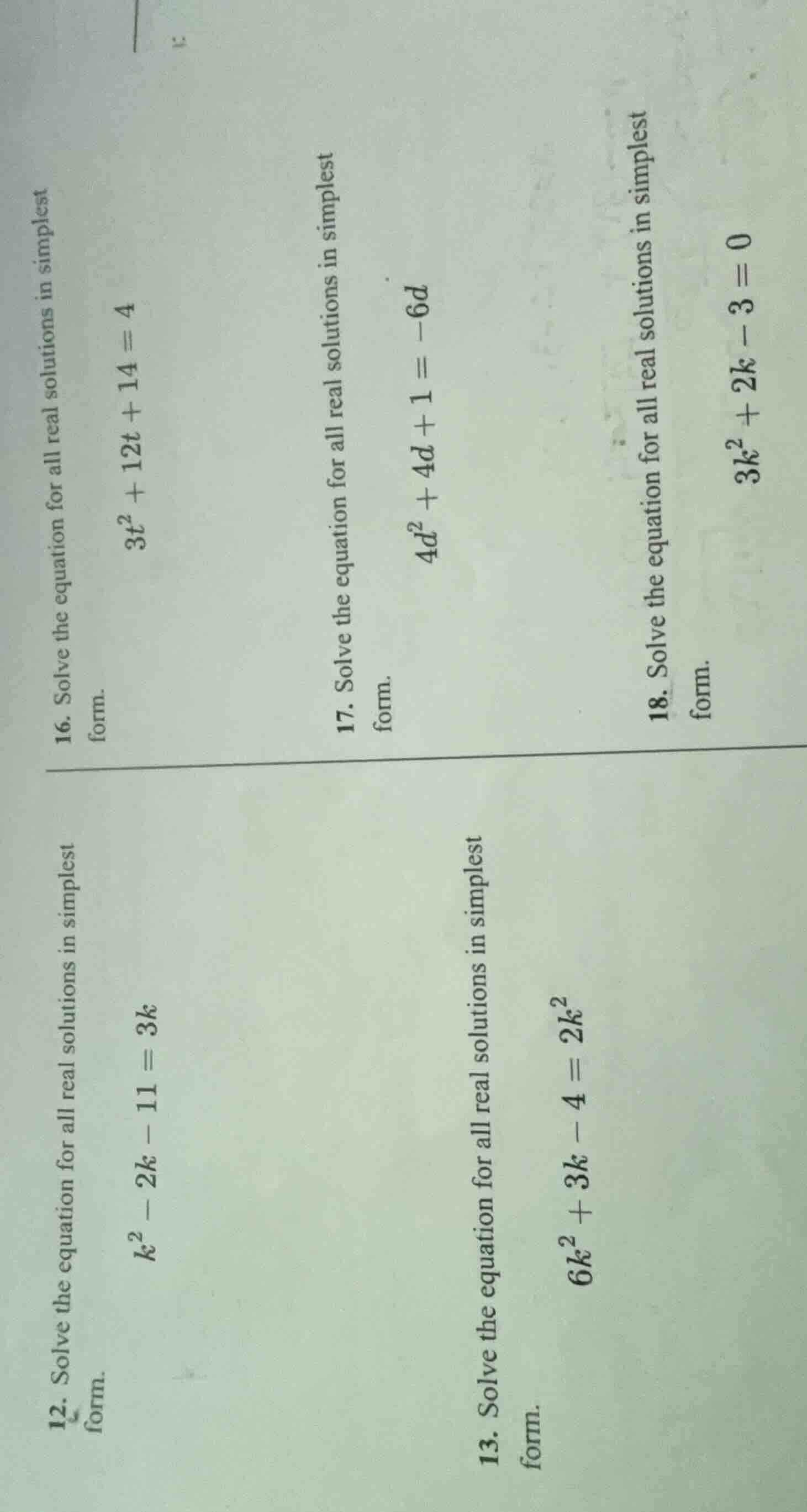 12. solve the equation for all real solutions in simplest form.\\( k^2 …