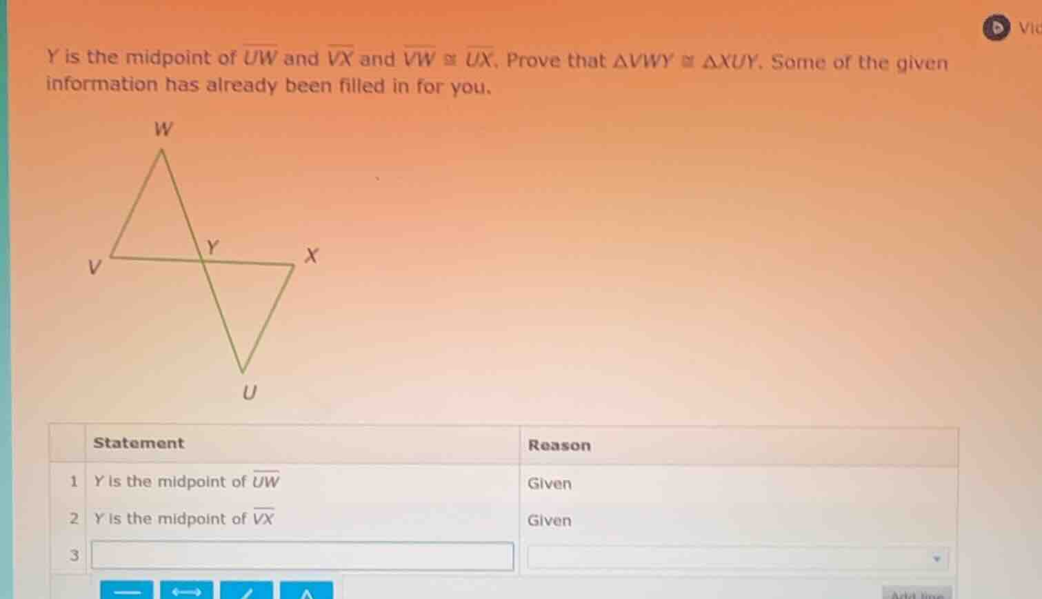 y is the midpoint of \\(\\overline{uw}\\) and \\(\\overline{vx}\\) and …