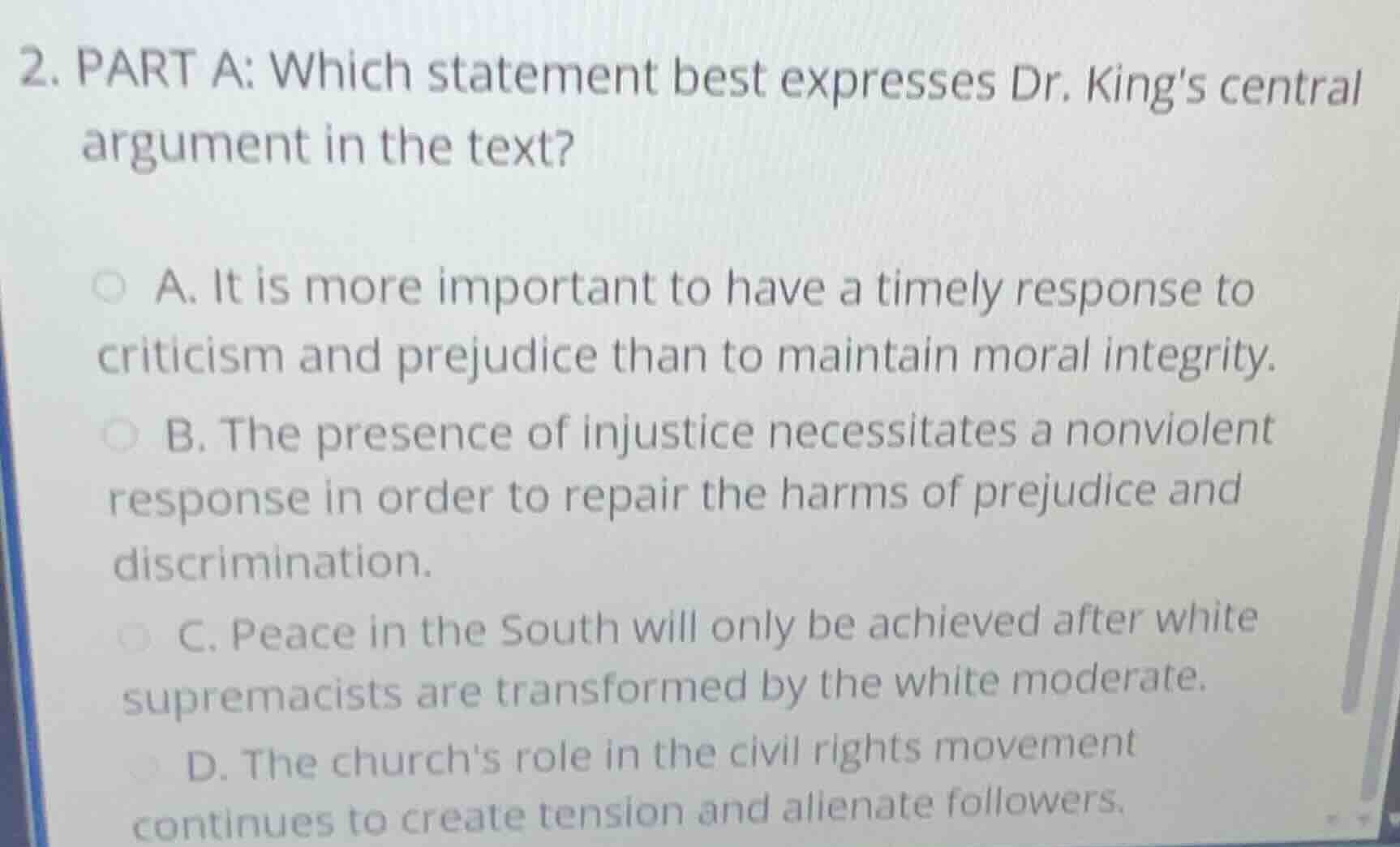 2. part a: which statement best expresses dr. king’s central argument i…