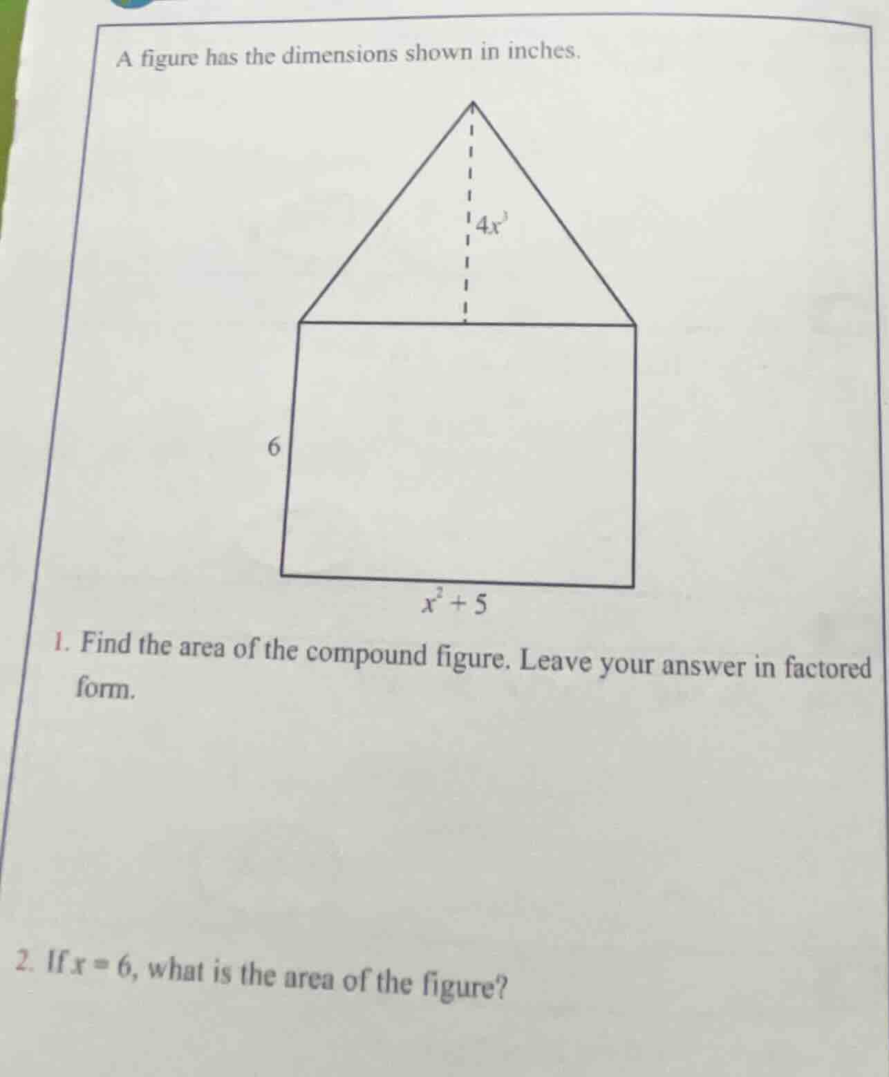 a figure has the dimensions shown in inches. 1. find the area of the co…