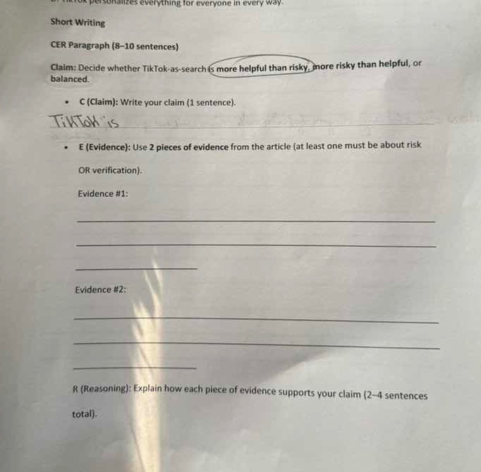 short writing cer paragraph (8 - 10 sentences) claim: decide whether ti…