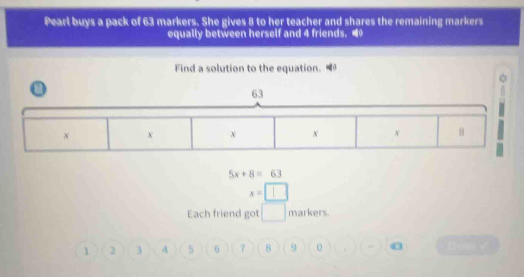 pearl buys a pack of 63 markers. she gives 8 to her teacher and shares …