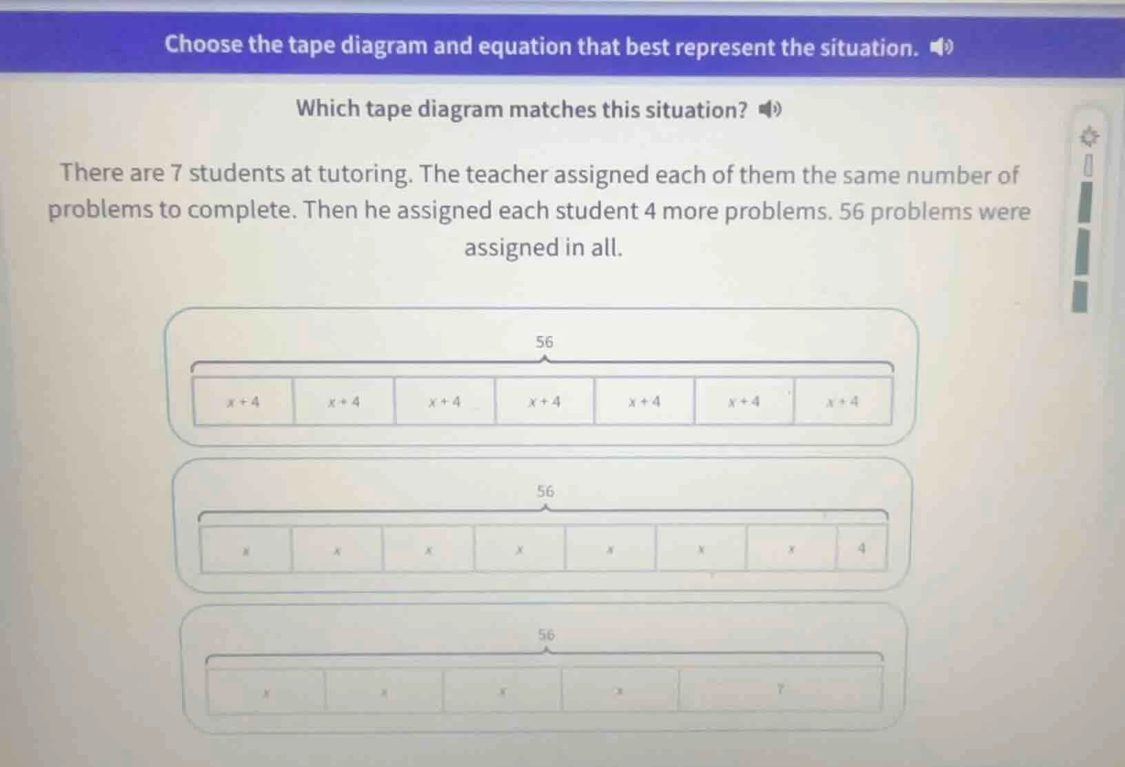 choose the tape diagram and equation that best represent the situation.…