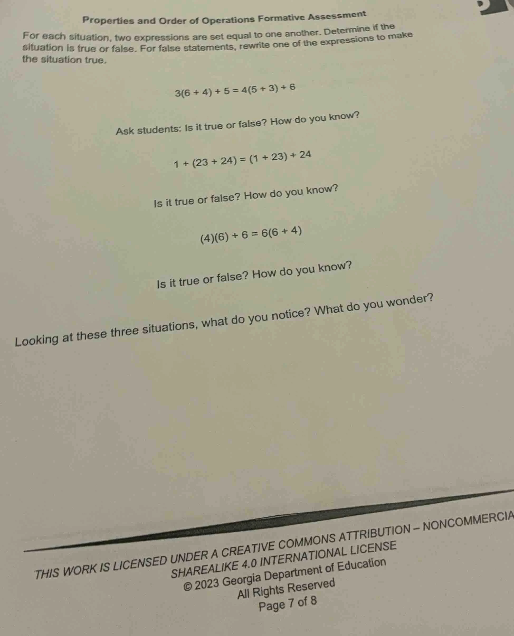 properties and order of operations formative assessment for each situat…