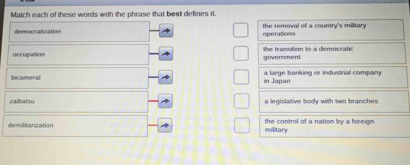 match each of these words with the phrase that best defines it. democra…