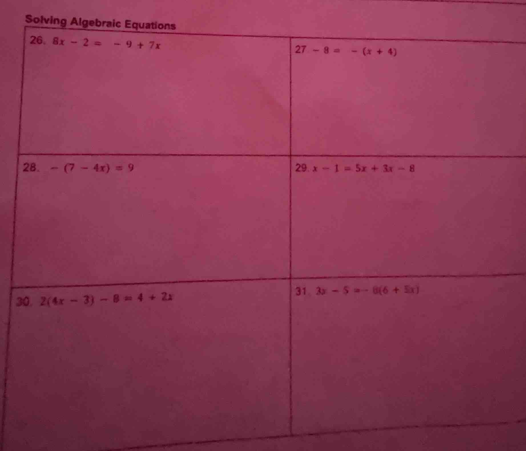 solving algebraic equations 26. $8x - 2 = -9 + 7x$ 27. $-8 = -(x + 4)$ …