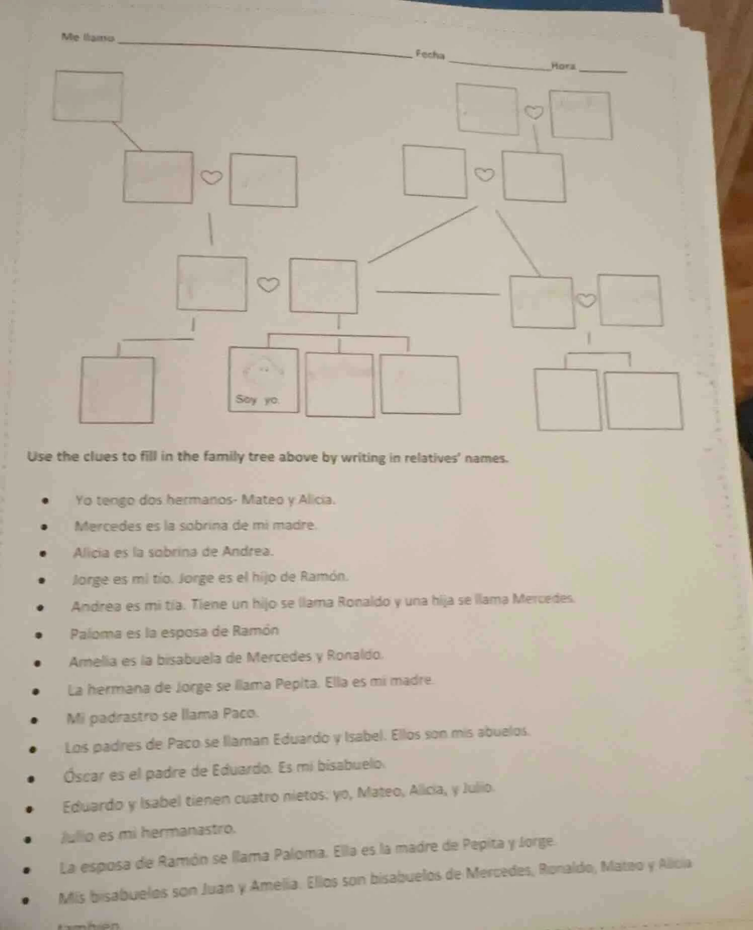 me llamo fecha hora use the clues to fill in the family tree above by w…