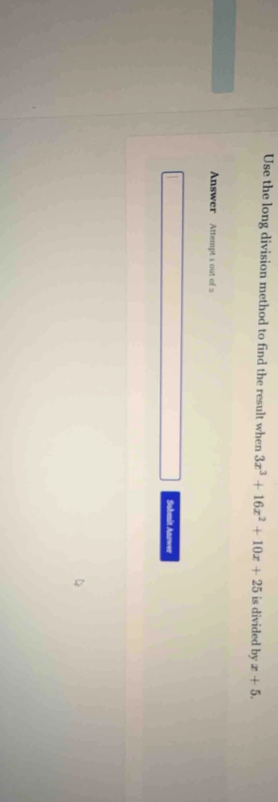 use the long division method to find the result when $3x^3 + 16x^2 + 10…