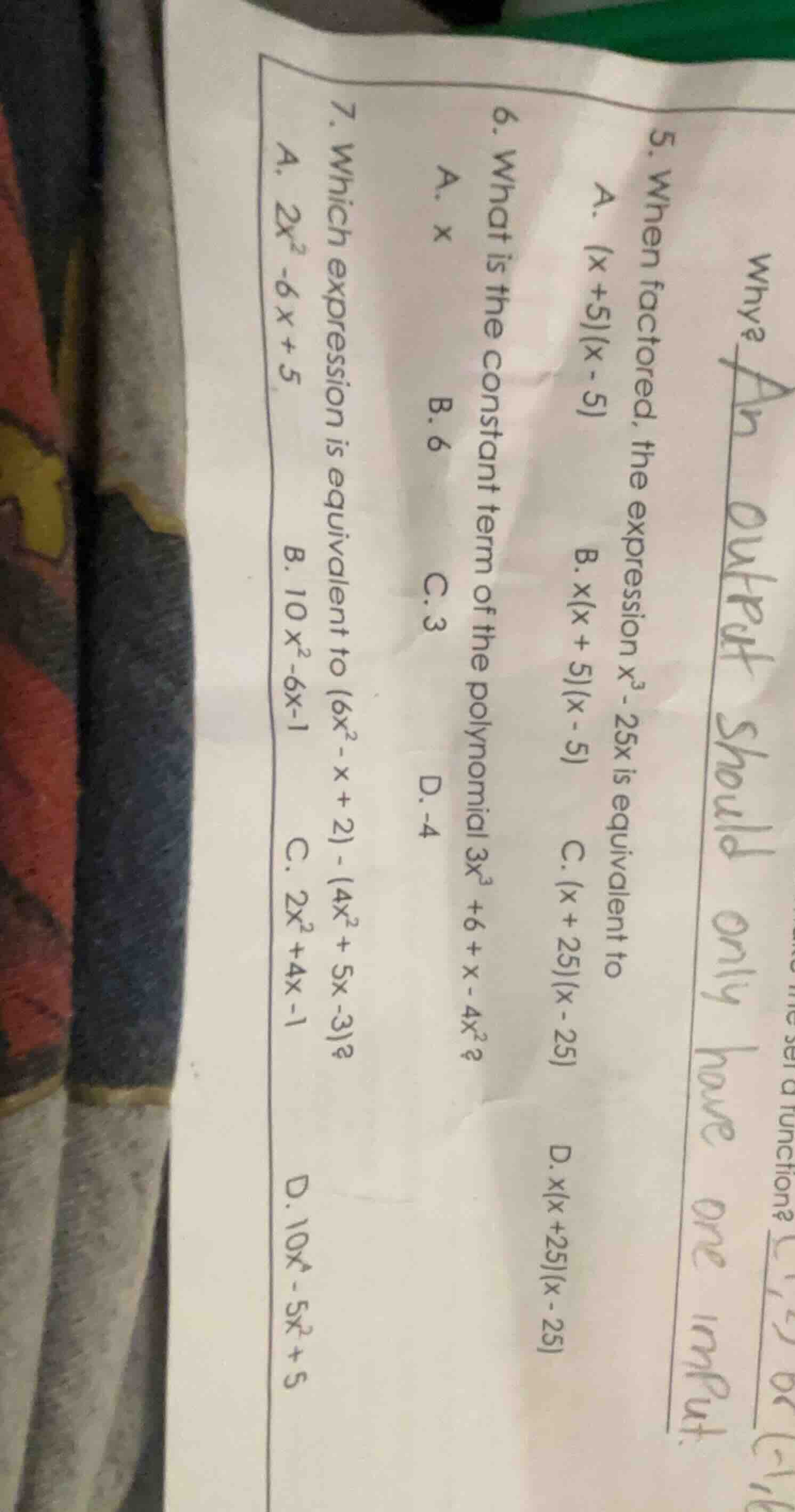 5. when factored, the expression ( x^3 - 25x ) is equivalent to a. ( (x…