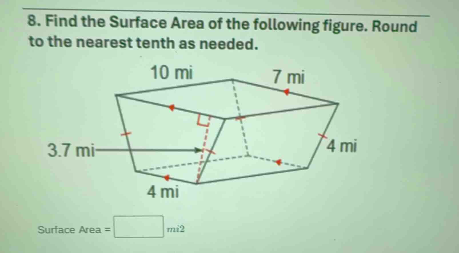 8. find the surface area of the following figure. round to the nearest …
