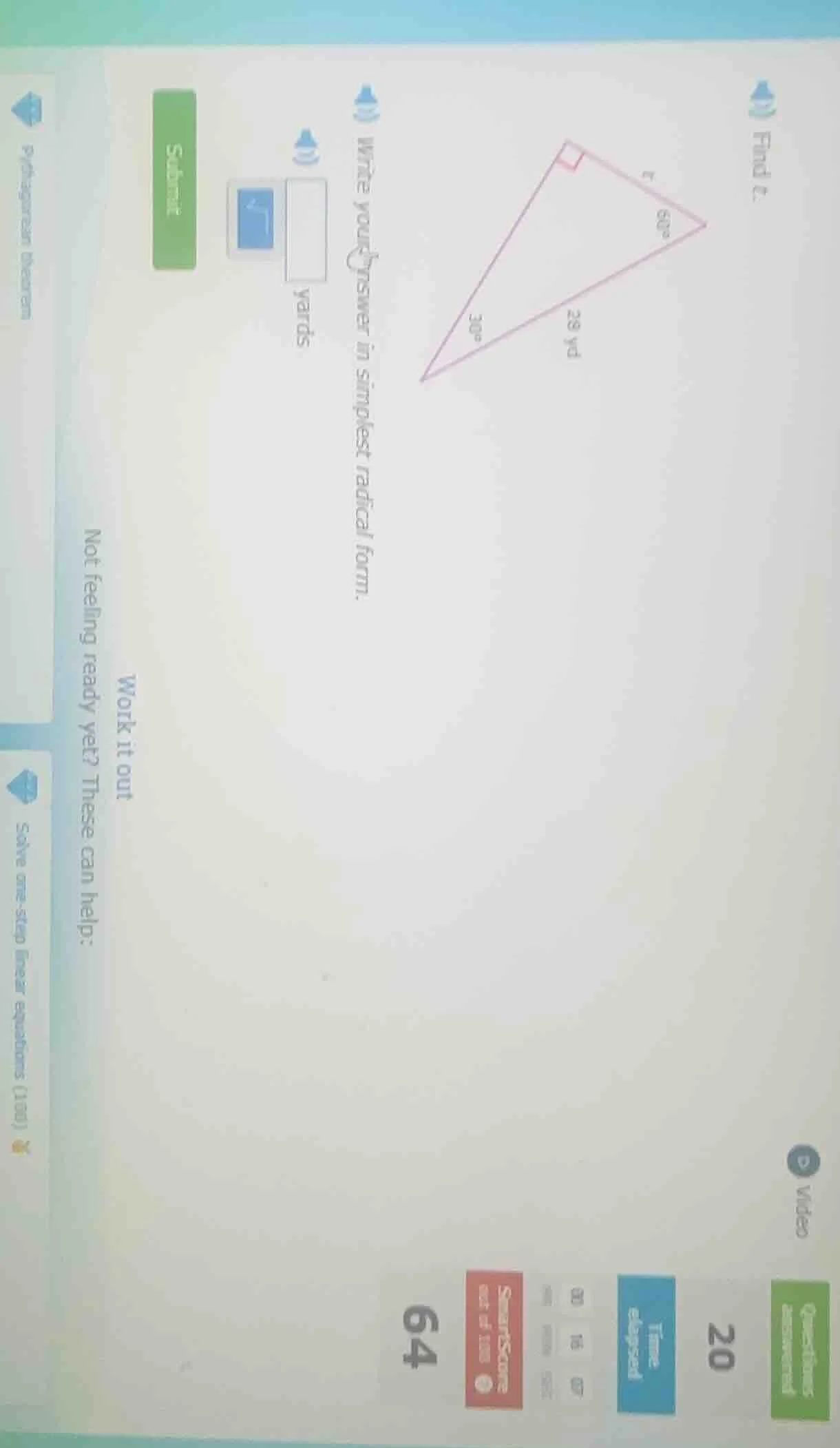 find c. write your answer in simplest radical form. yards submit work i…