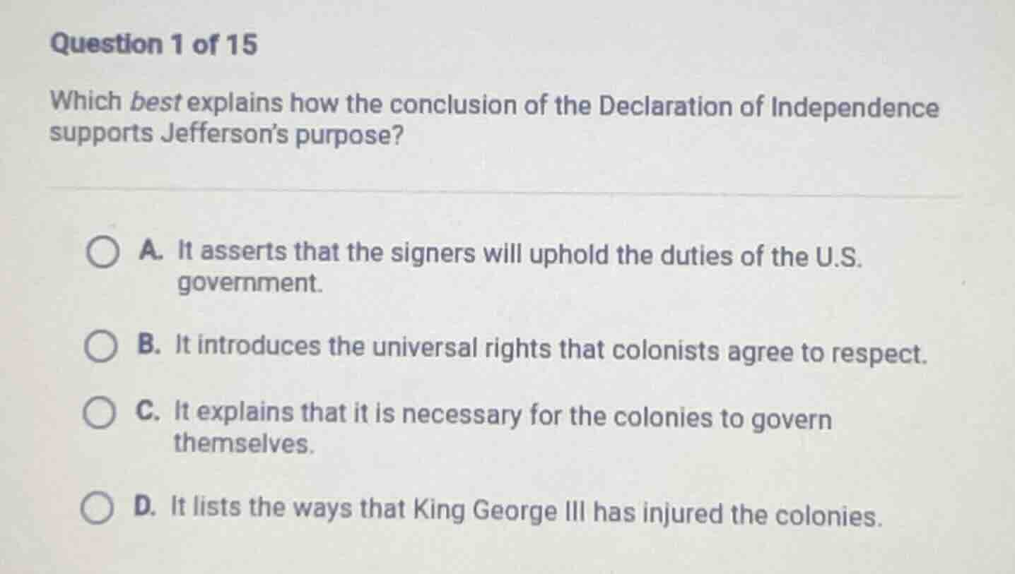 question 1 of 15 which best explains how the conclusion of the declarat…