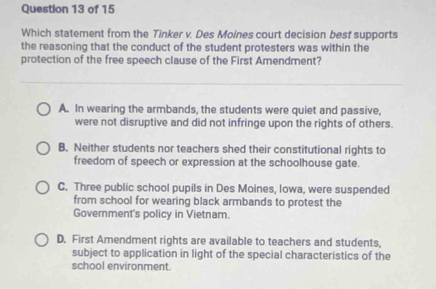 question 13 of 15 which statement from the tinker v. des moines court d…