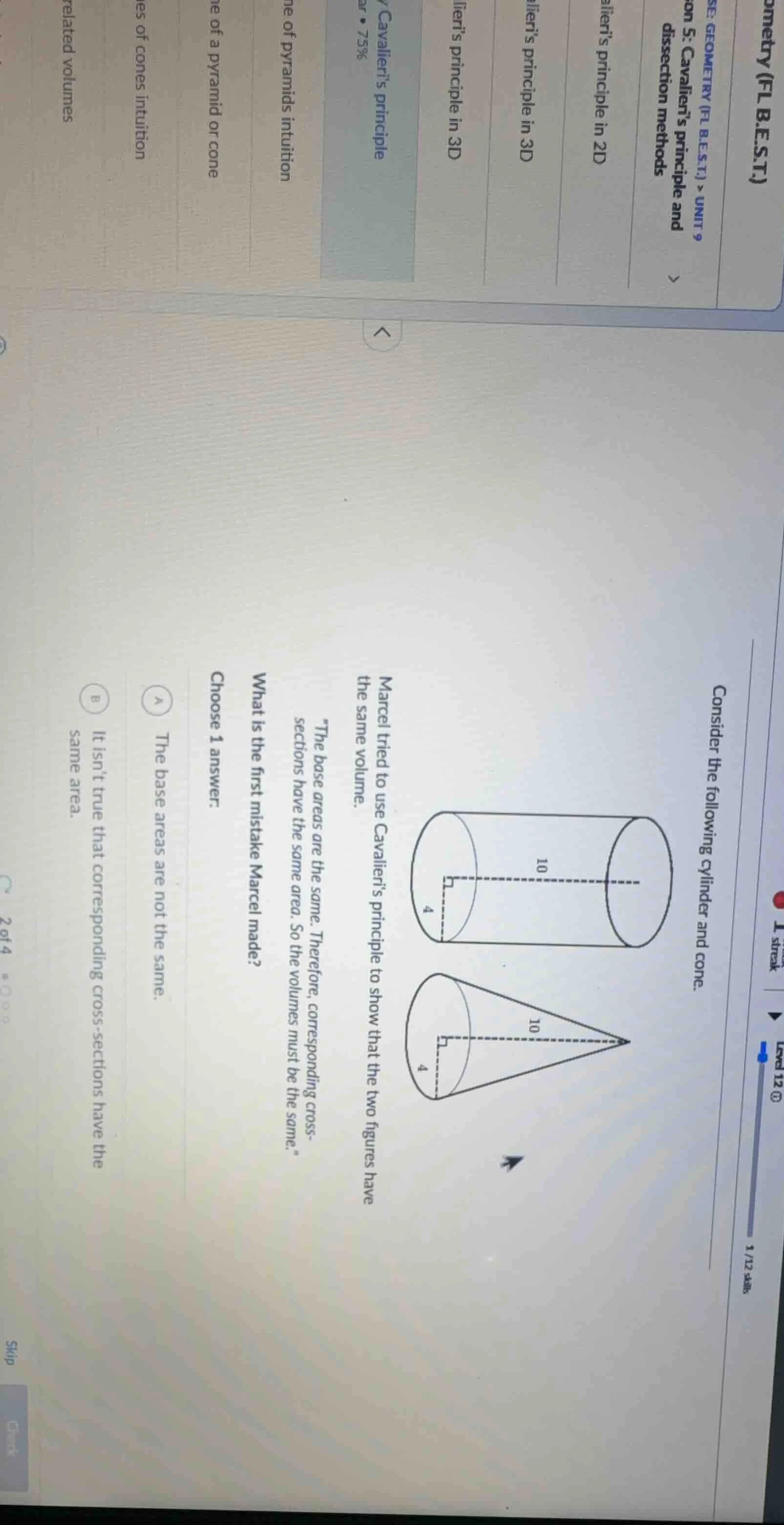 consider the following cylinder and cone. marcel tried to use cavalieri…