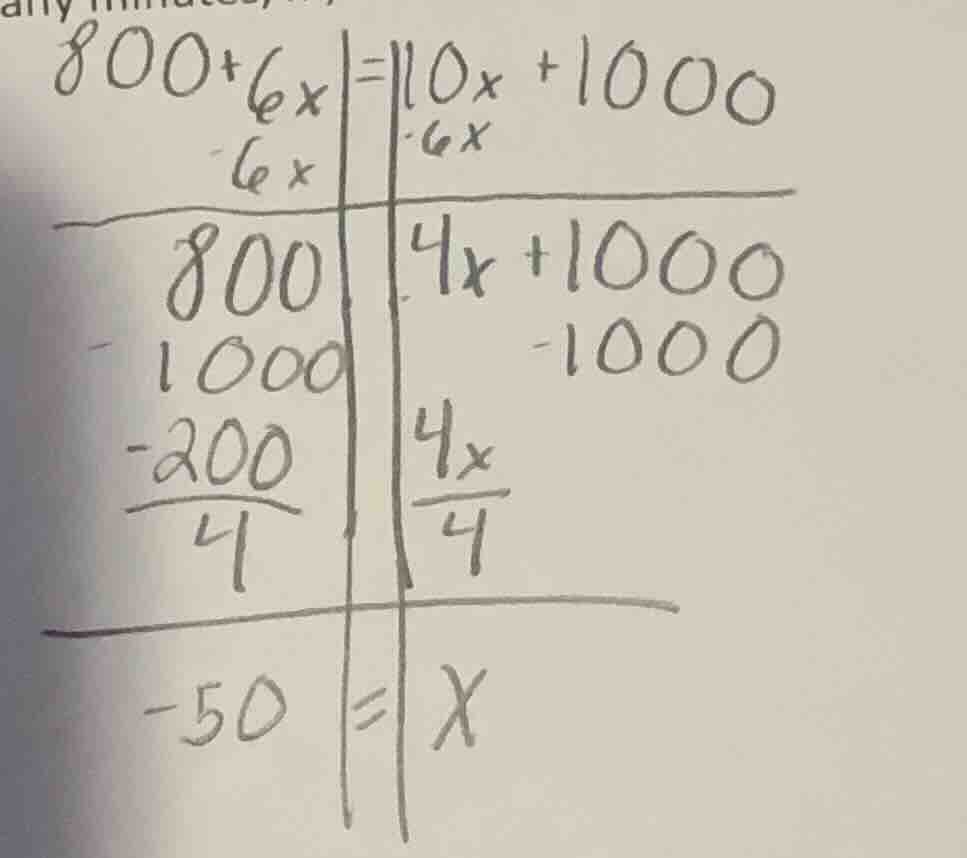 800 + 6x = 10x + 1000 (after subtracting 6x from both sides: 800 = 4x +…