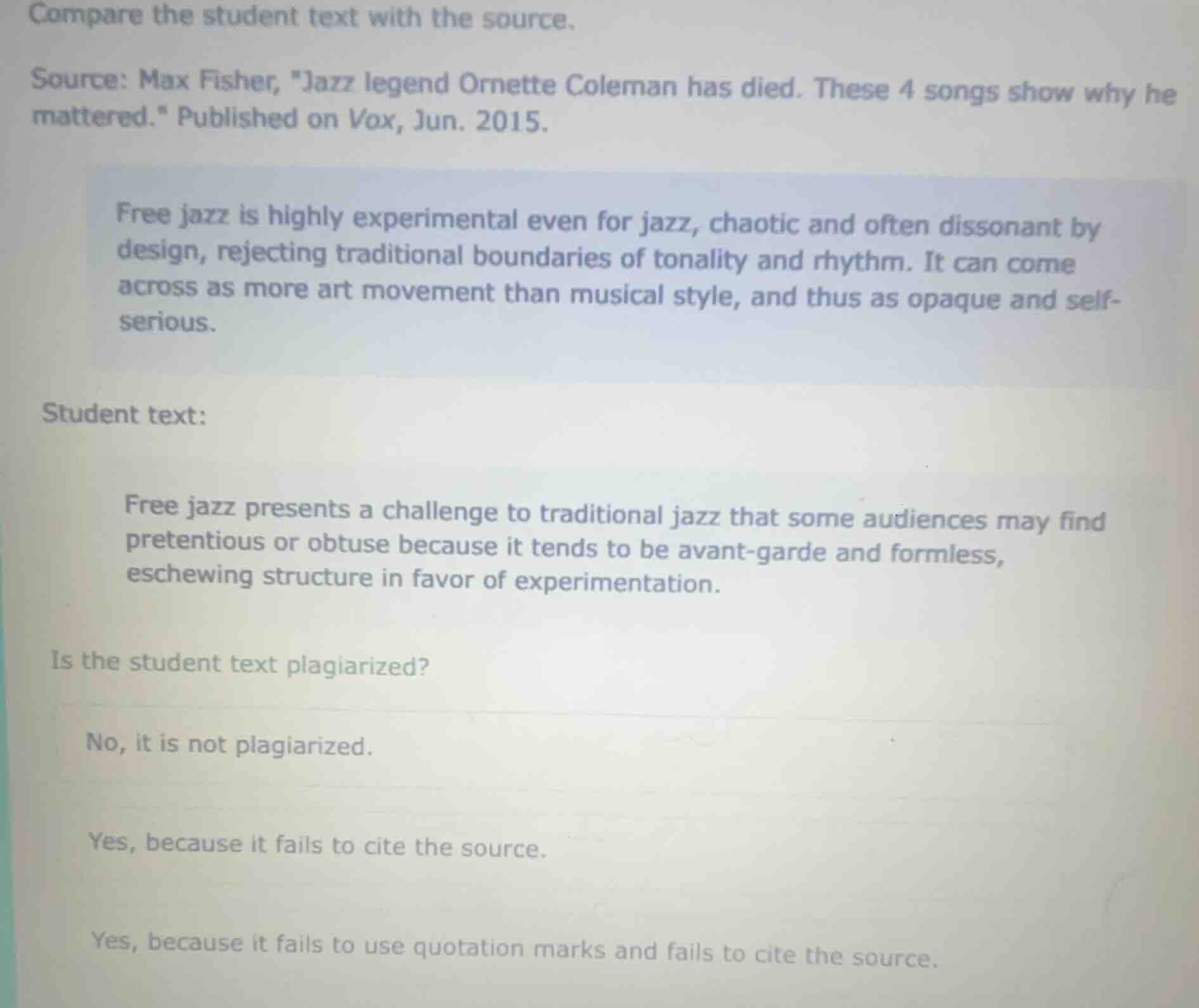 compare the student text with the source. source: max fisher, \jazz leg…