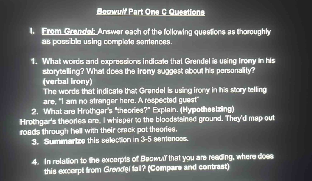 beowulf part one c questions i. from grendel: answer each of the follow…