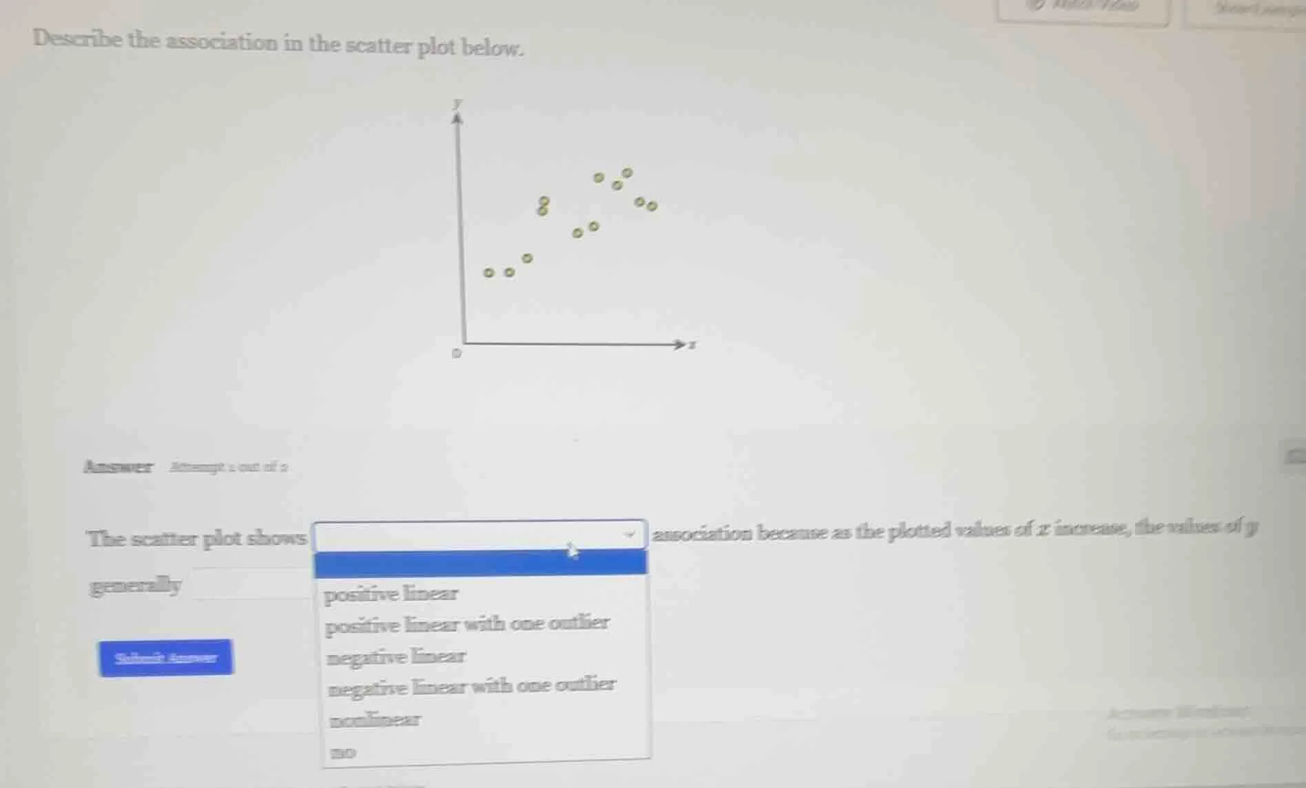 describe the association in the scatter plot below. answer attempt 1 ou…