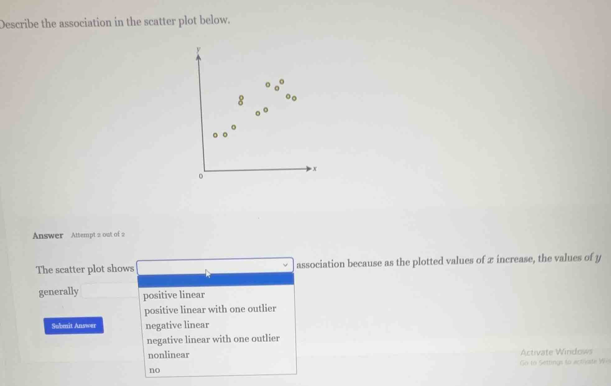 describe the association in the scatter plot below. answer attempt 2 ou…