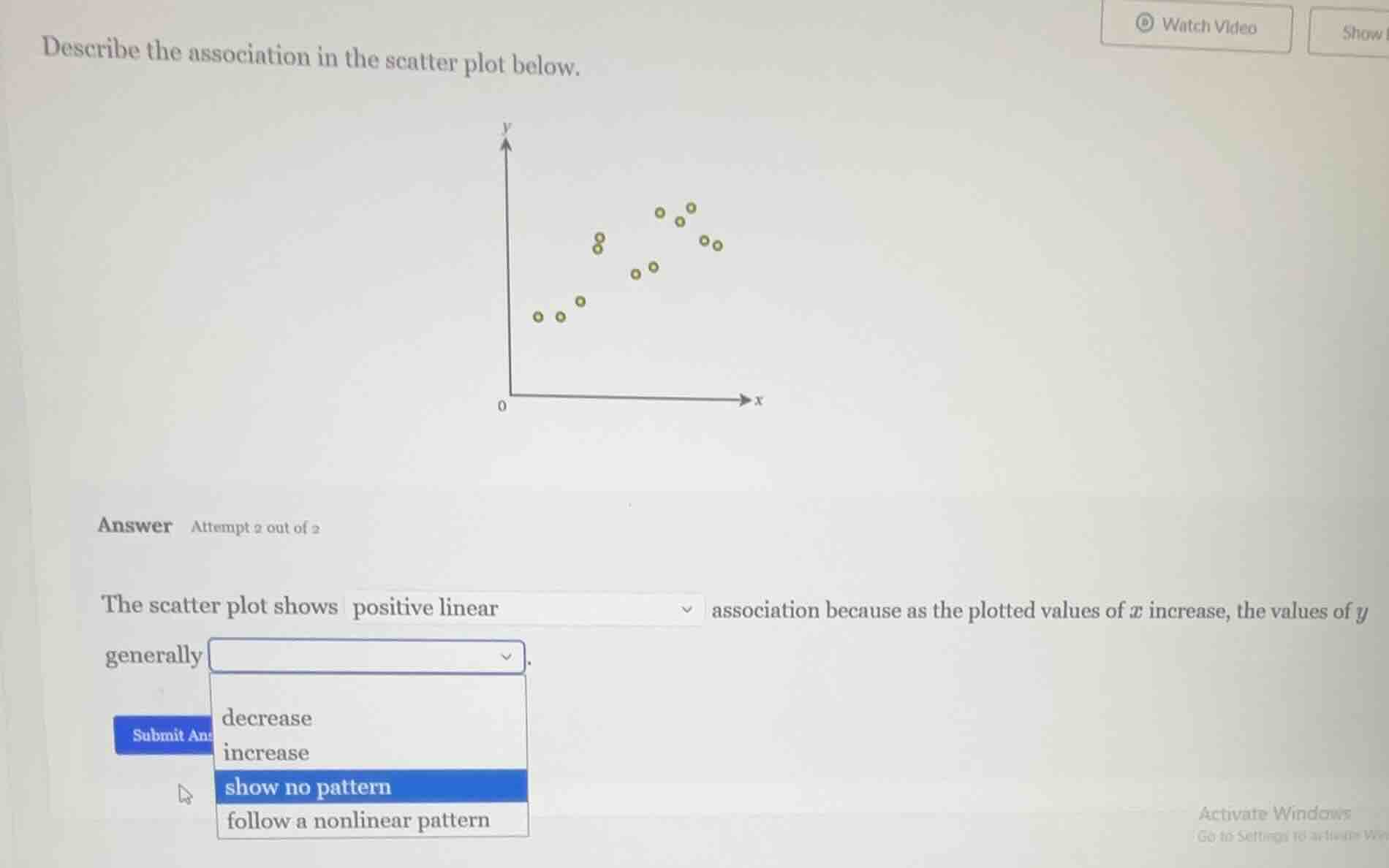 describe the association in the scatter plot below. the scatter plot sh…