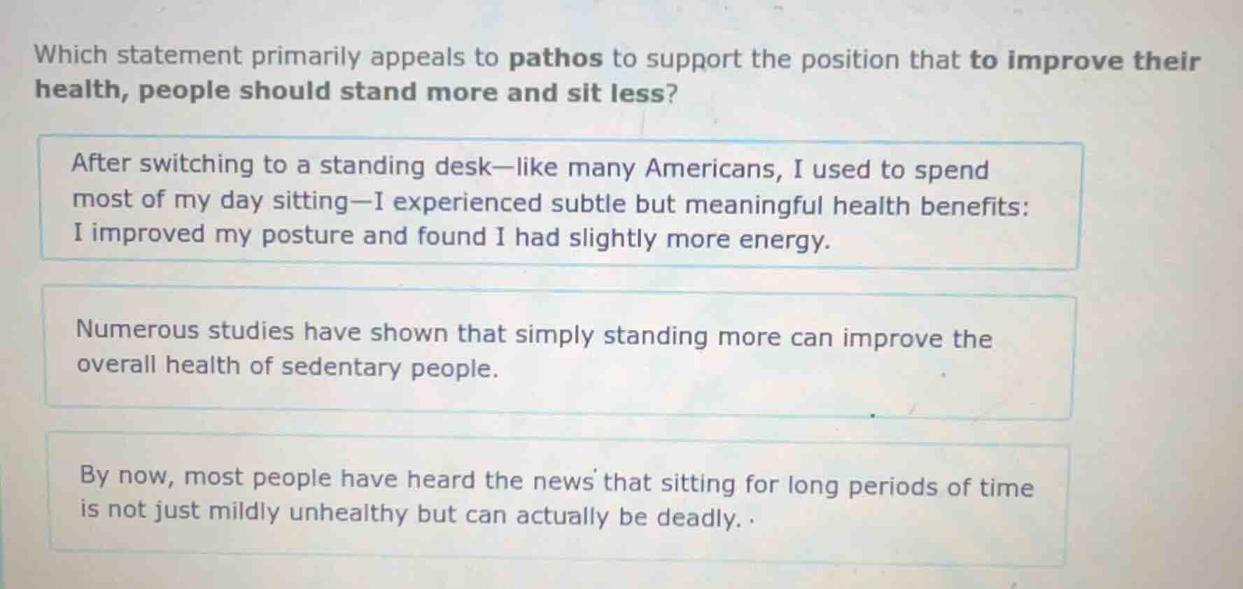 which statement primarily appeals to pathos to support the position tha…