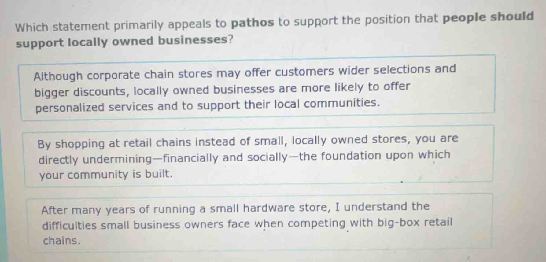 which statement primarily appeals to pathos to support the position tha…