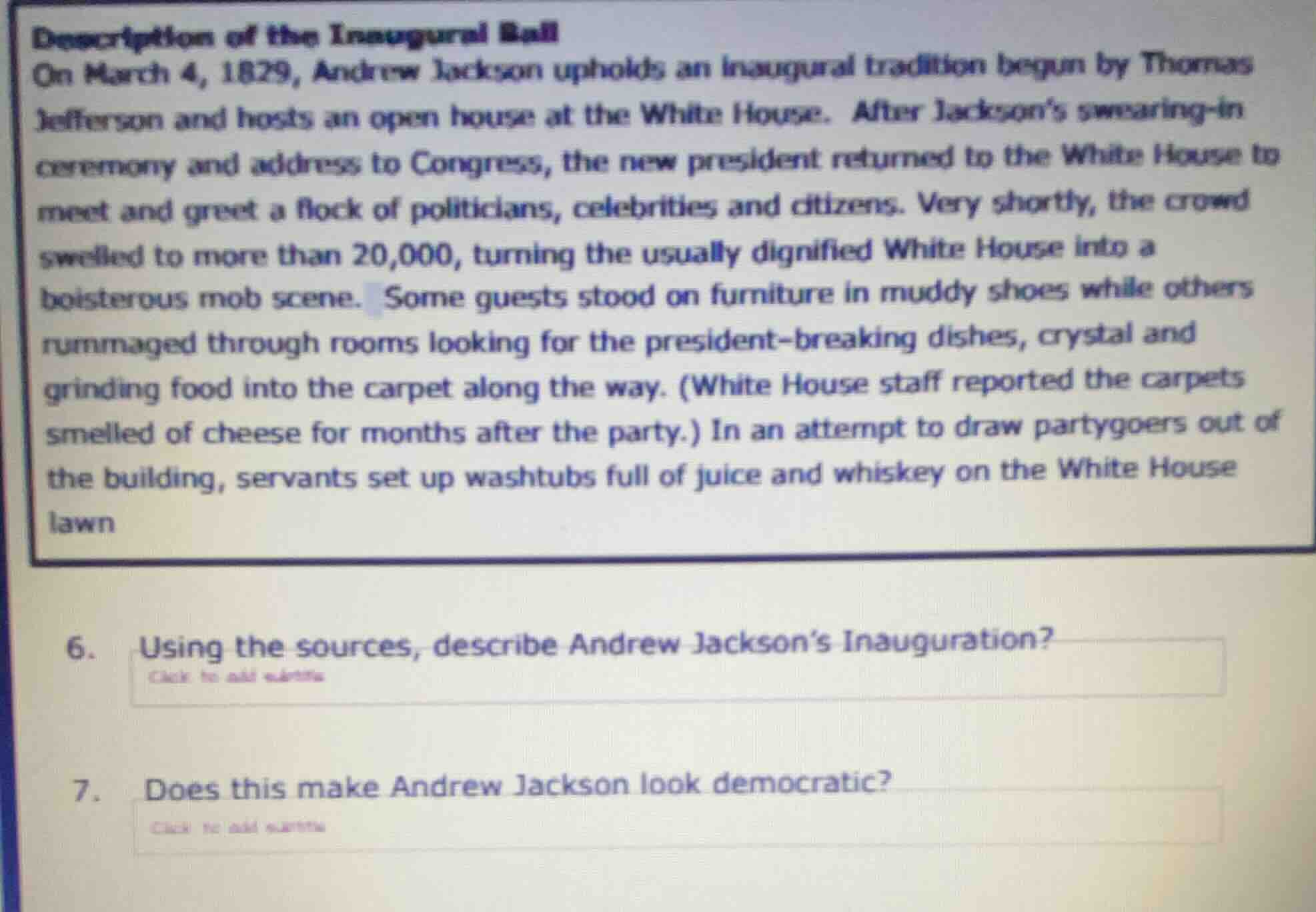 description of the inaugural ball on march 4, 1829, andrew jackson upho…