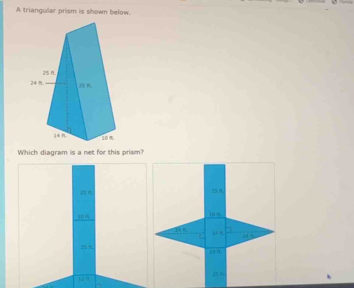a triangular prism is shown below. which diagram is a net for this pris…
