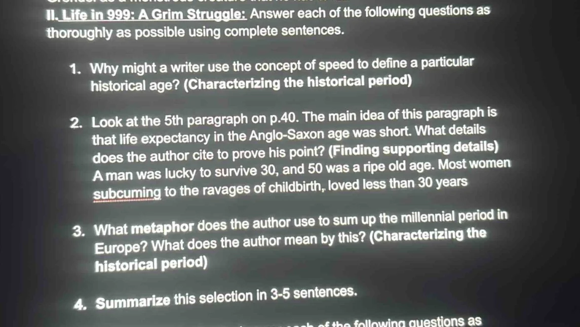 ii. life in 999: a grim struggle: answer each of the following question…