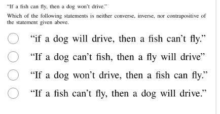 “if a fish can fly, then a dog won’t drive.” which of the following sta…