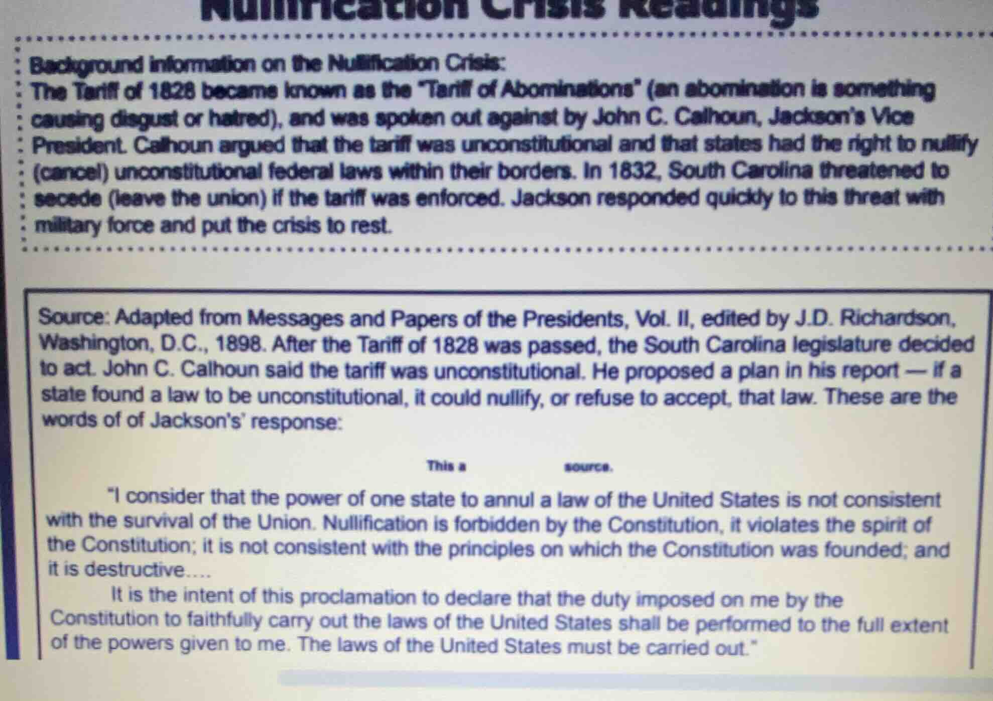 nullification crisis readings background information on the nullificati…