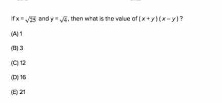 if ( x = sqrt{25} ) and ( y = sqrt{4} ), then what is the value of ( (x…