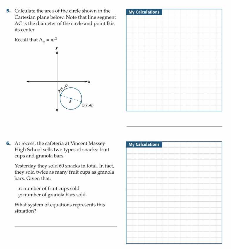 5. calculate the area of the circle shown in the cartesian plane below.…