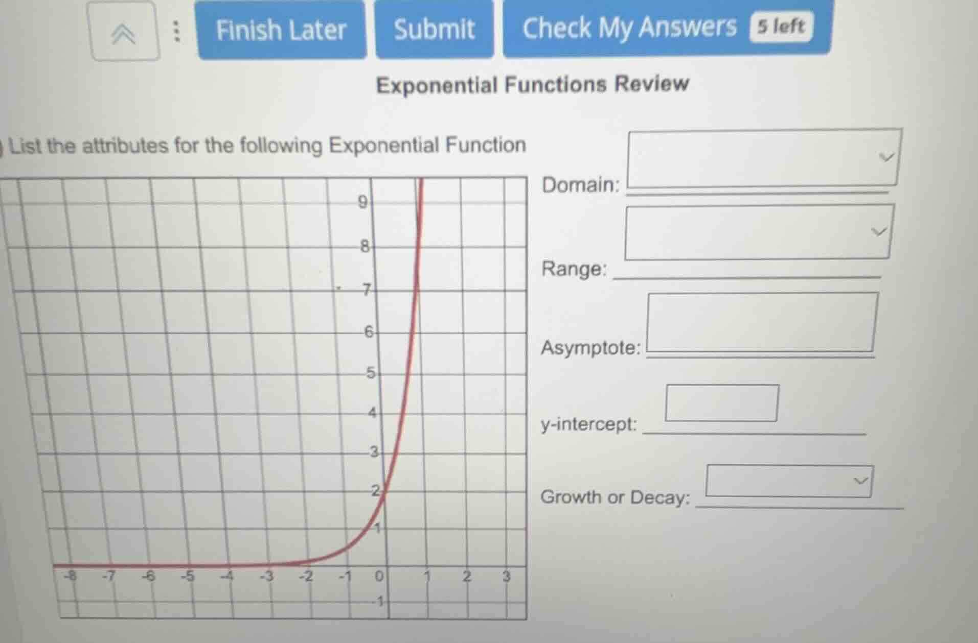 exponential functions review list the attributes for the following expo…