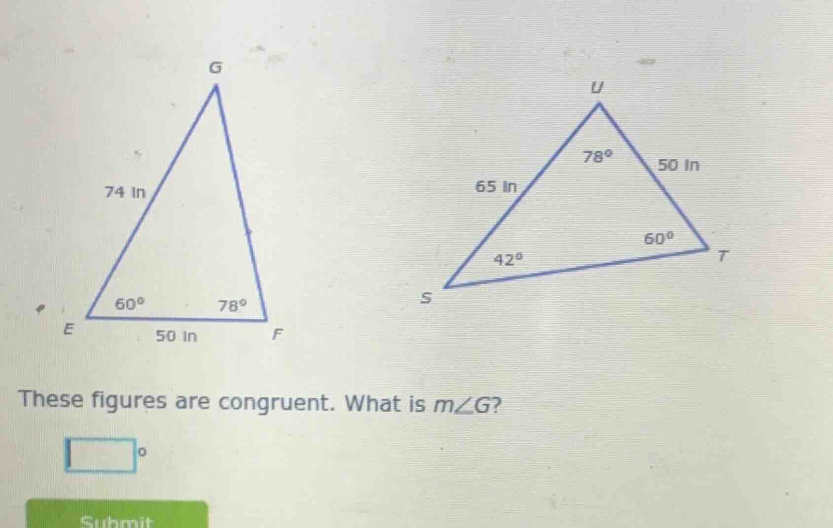 these figures are congruent. what is ( mangle g )?