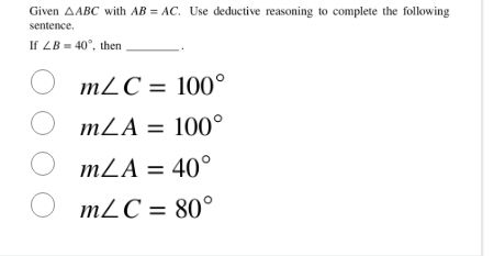 given $\\triangle abc$ with $ab = ac$. use deductive reasoning to compl…