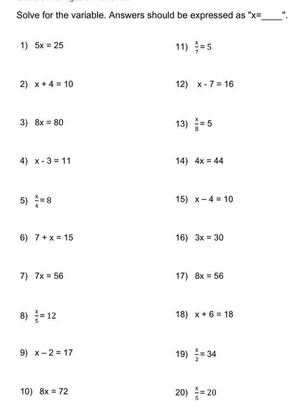 solve for the variable. answers should be expressed as \x=____\. 1) $5x…